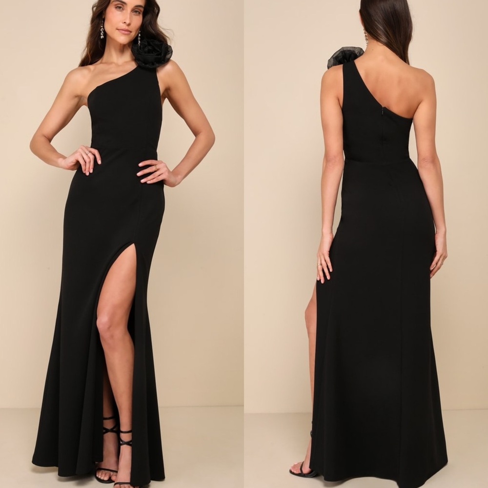 Lulus | Divine Poise Black One-Shoulder Rosette Mermaid Maxi Dress